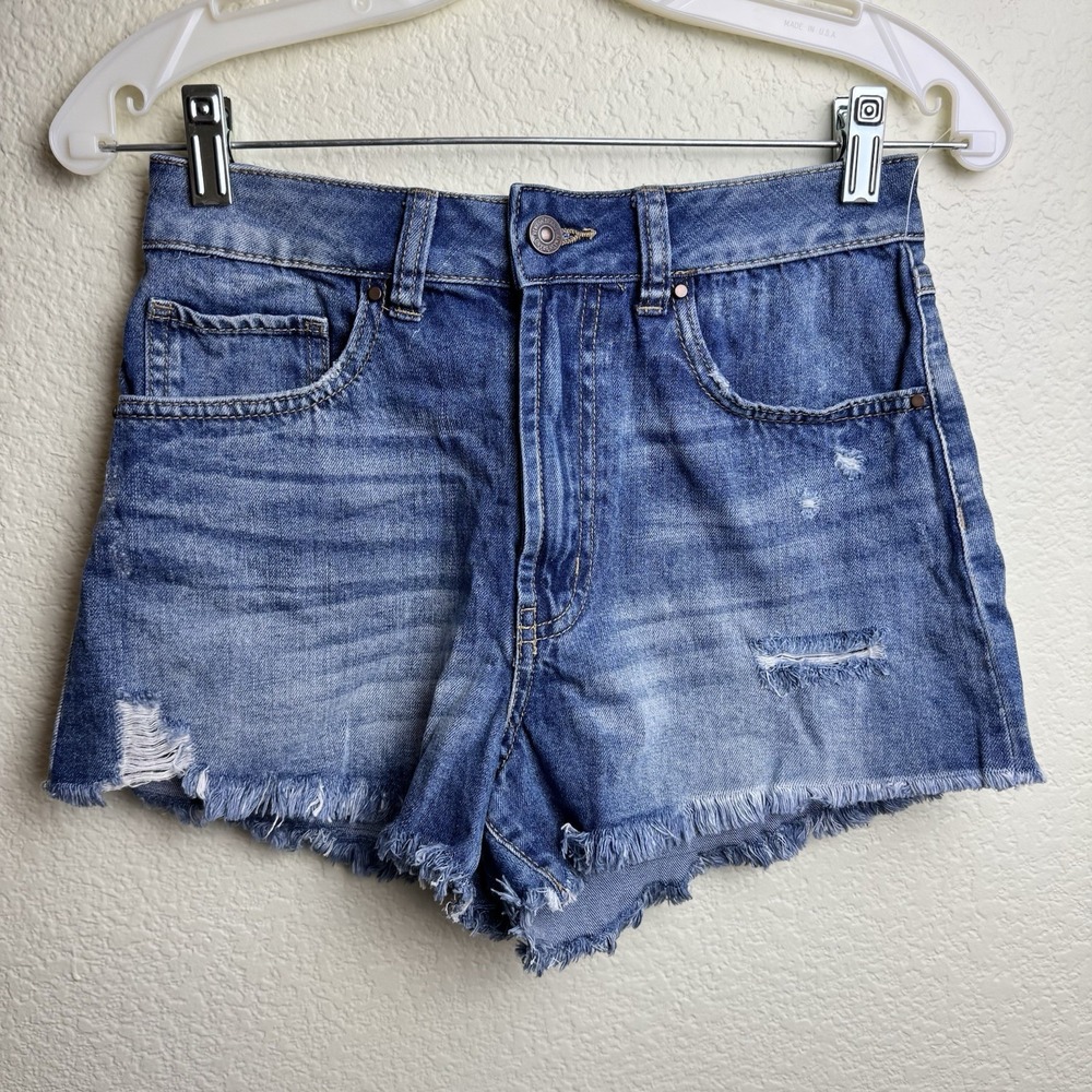 REWASH Brand Women's 7/28‎ High Rise Denim Shorts Raw Hem Distressed